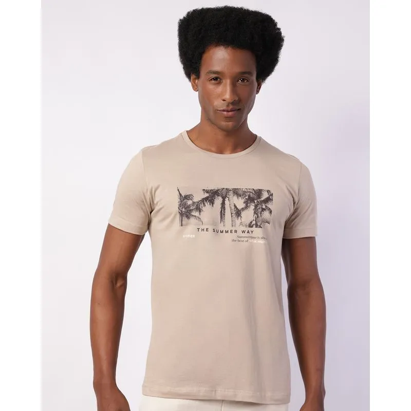 Camiseta Masculina Algodão com Estampa Coqueiro Manga Curta Bege GG