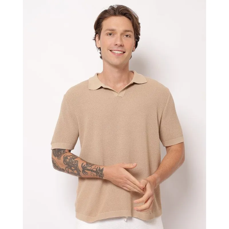 Camisa Polo Masculina Tricô Manga Curta Bege G