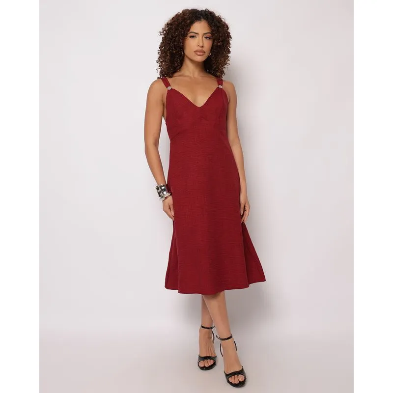 Vestido Feminino Berry & Co. Midi com Aviamento Vinho G