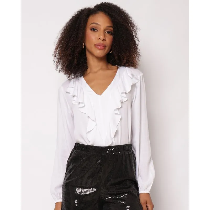 Blusa Feminina Viscose com Babados Manga Longa Branca G