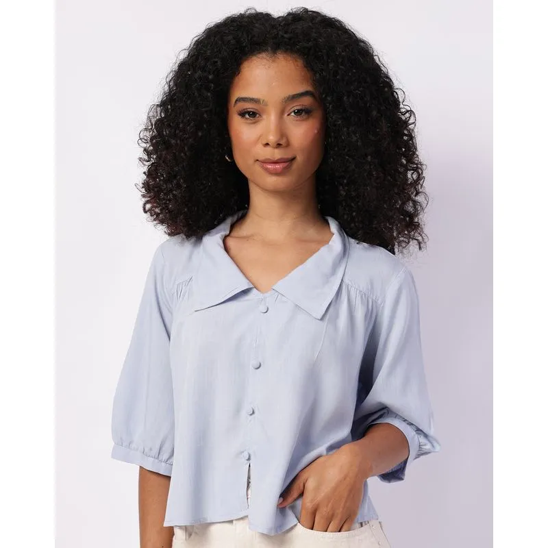 Camisa Feminina Cropped Viscose Manga 7/8 Azul M