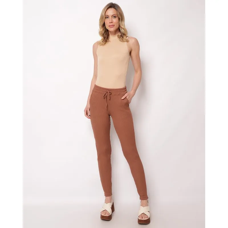 Calça Feminina Jogger Canelada Com Bolsos Marrom GG