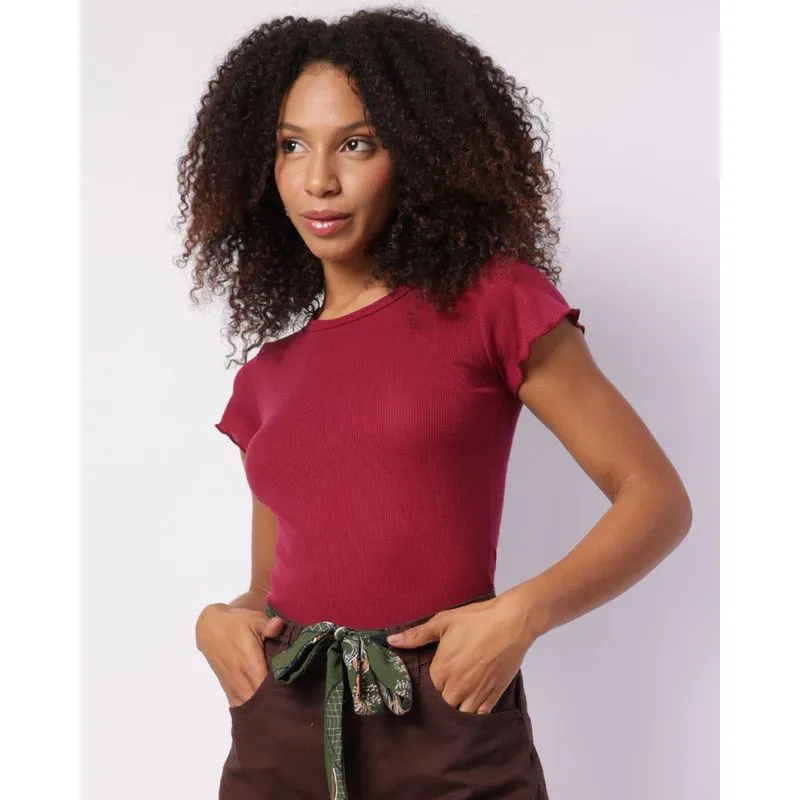 Blusa Feminina Canelada Frufru Manga Curta Vinho M