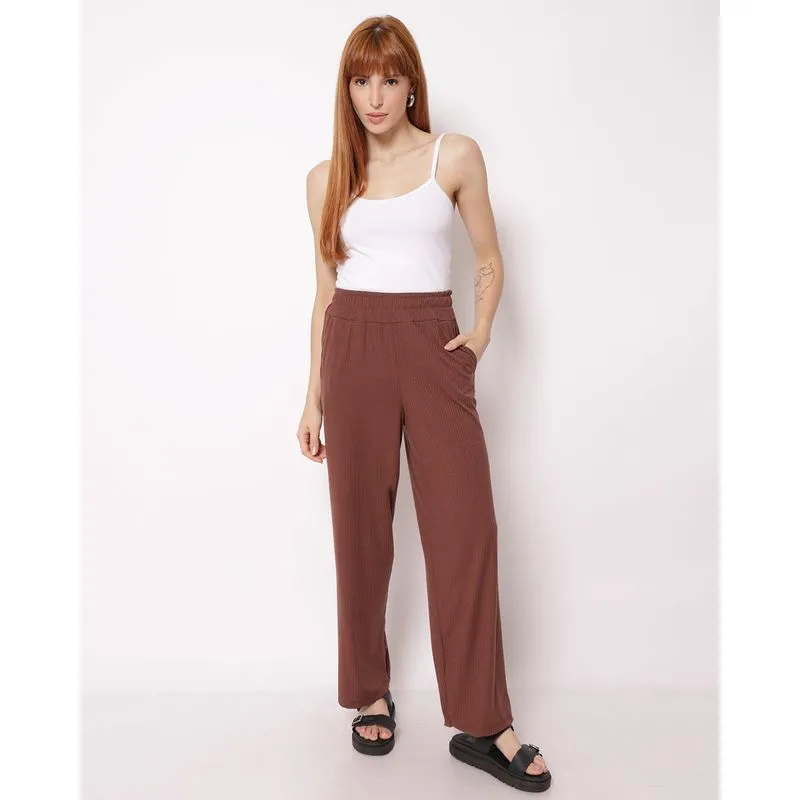 Calça Feminina Pantalona Canelada Marrom GG