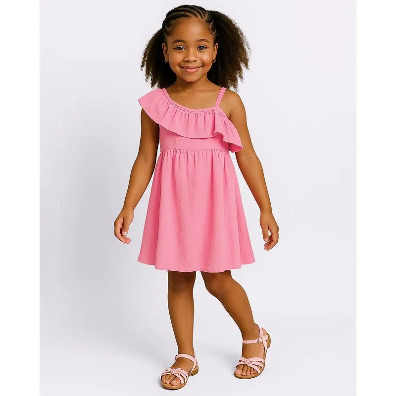 Vestido Infantil Curto Algodão Um Ombro Só com Babado Rosa 6
