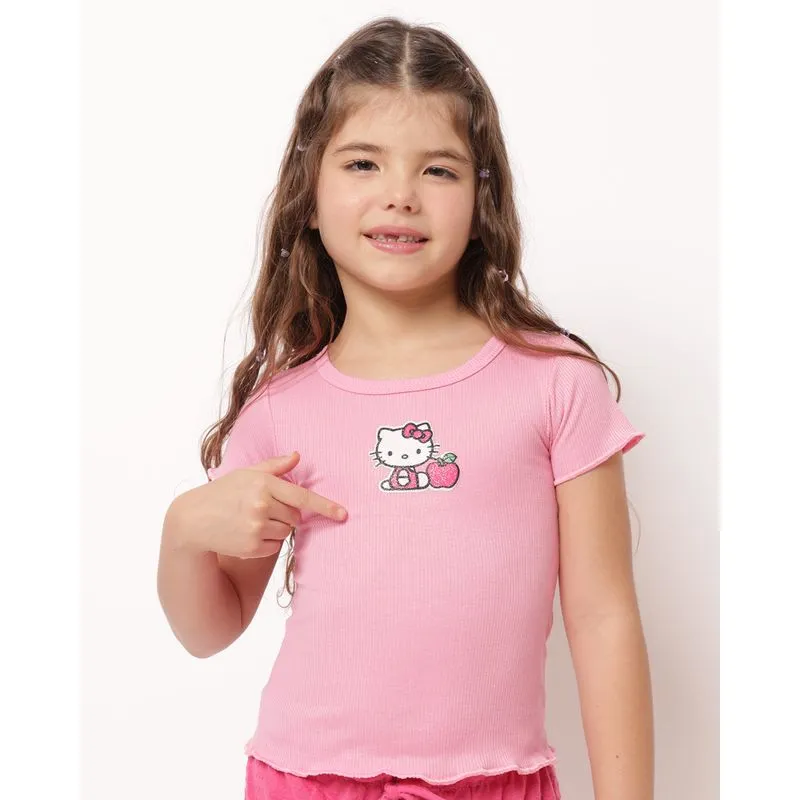 Blusa Infantil Canelada Frufu Hello Kitty Manga Curta Rosa 6