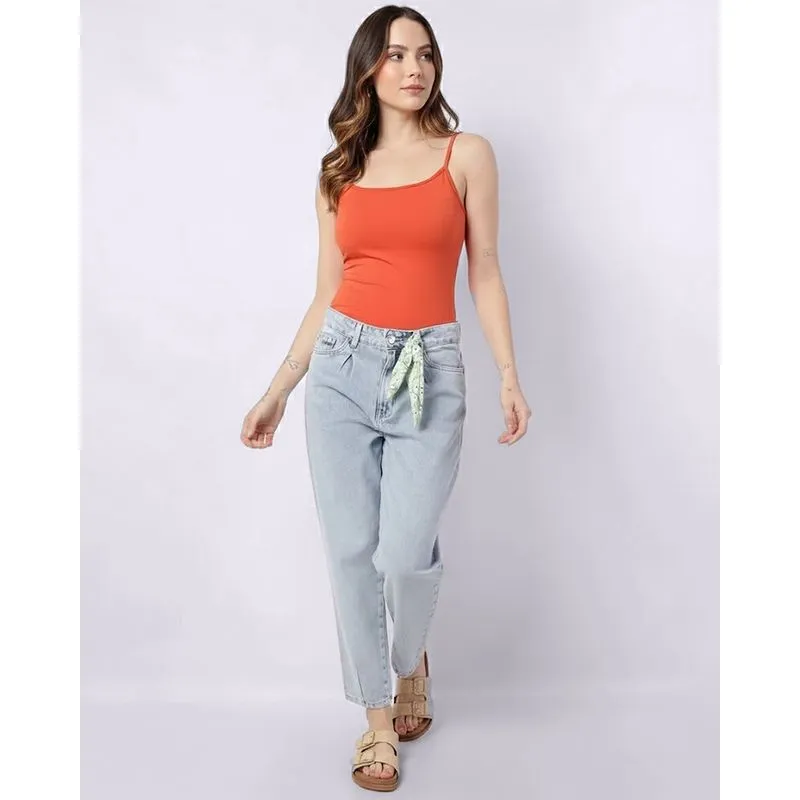 Calça Jeans Feminina Mom com Bolsos Lenço Azul 36