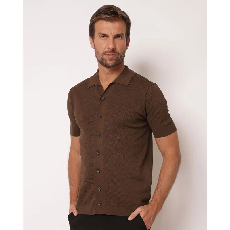 Camisa Masculina Texturizada com Botões Marrom G