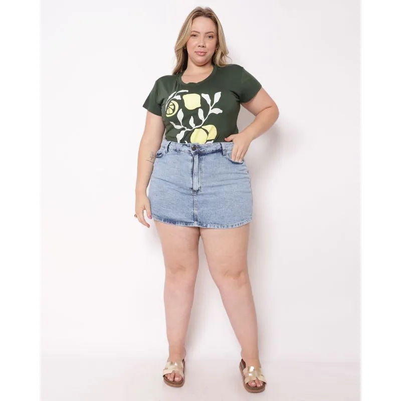 Shorts Saia Jeans Plus Size Feminino Marmorizada Bolsos Azul 52