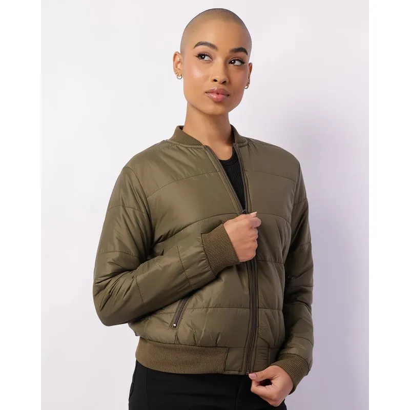 Jaqueta Feminina Puffer Bolso com Zíper Verde M