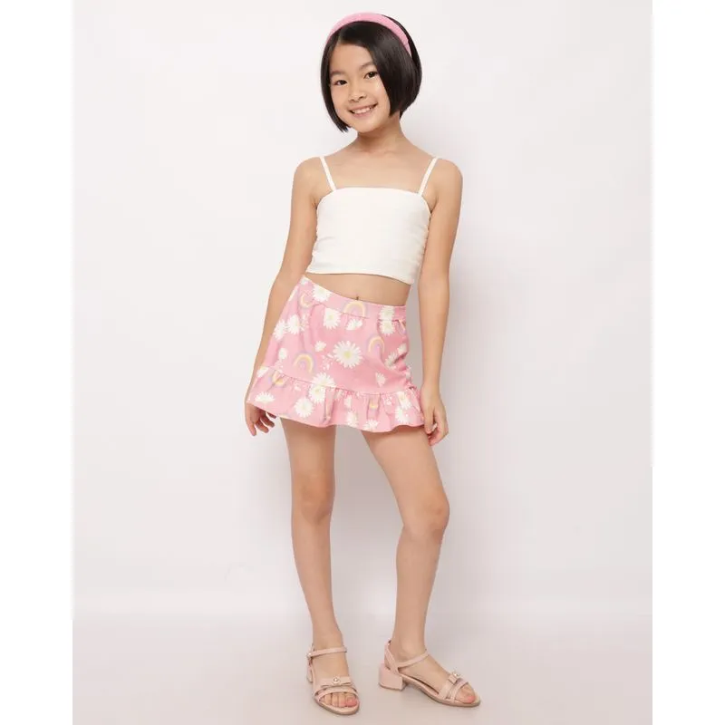 Short Saia Infantil Curto Estampado Flores com Babado Rosa 10