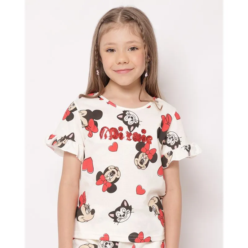 Blusa Infantil Algodão Disney Minnie com Paetê Off White 10
