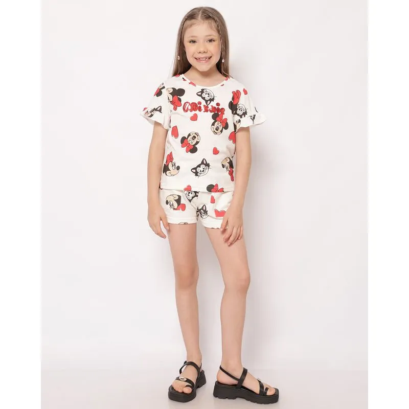 Short Infantil Curto Disney Minnie Moletinho Estampado Off White 6