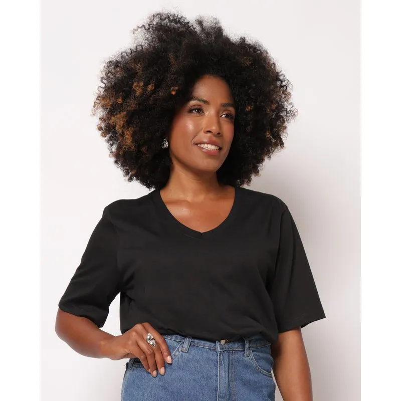 Camiseta Feminina Decote V Básica Manga Curta Preta G