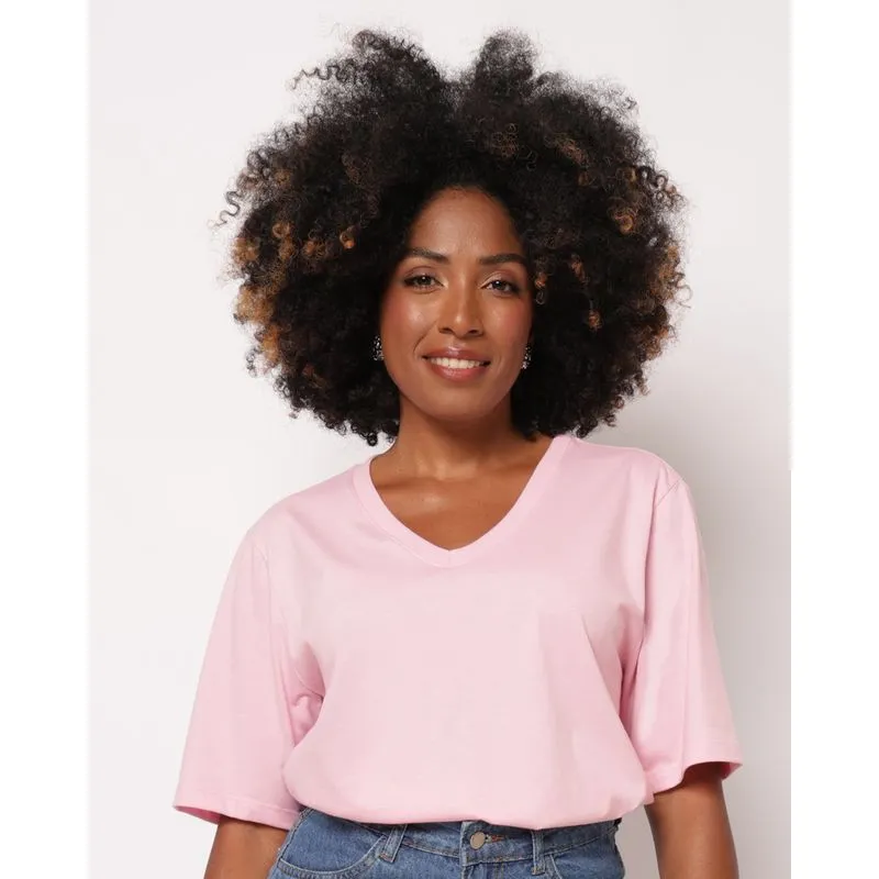 Camiseta Feminina Decote V Básica Manga Curta Rosa P