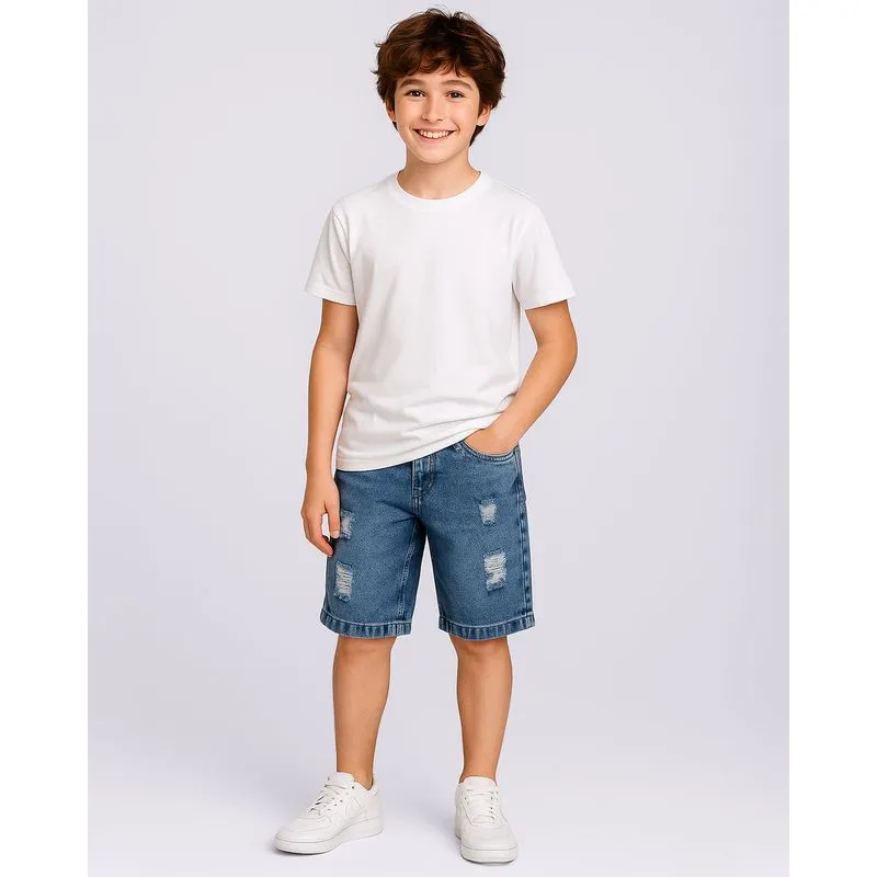 Bermuda Jeans Juvenil Reta Destroyed com Bolsos Azul 12