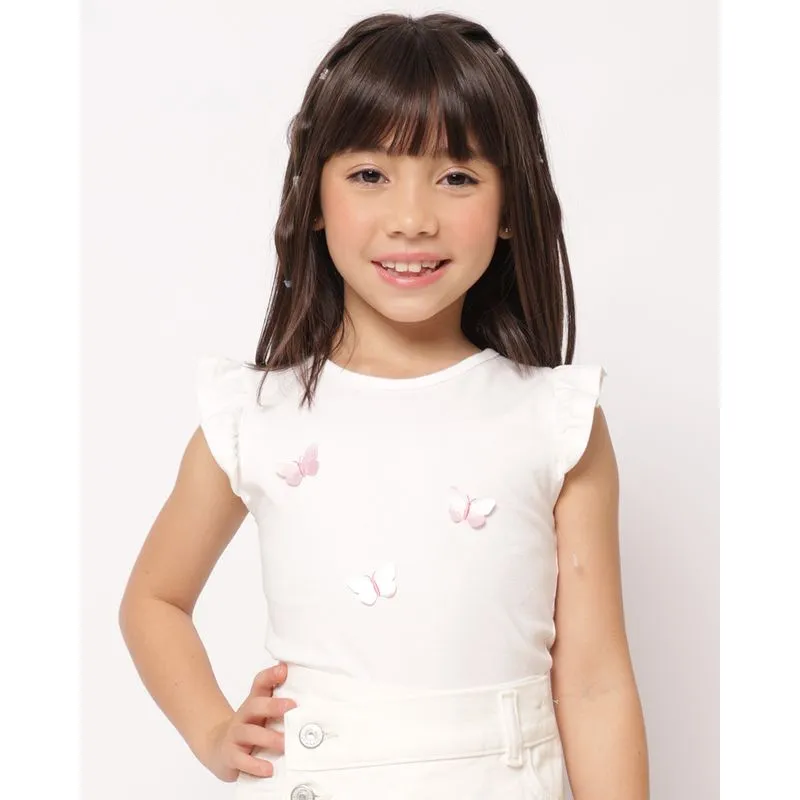 Regata Infantil Algodão Bordado com Aplique Borboleta Off White 6