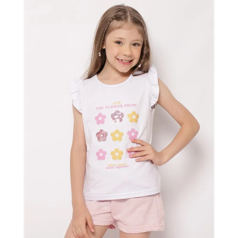 Conjunto Infantil Curto Babado com Paetê Flores Branco 4