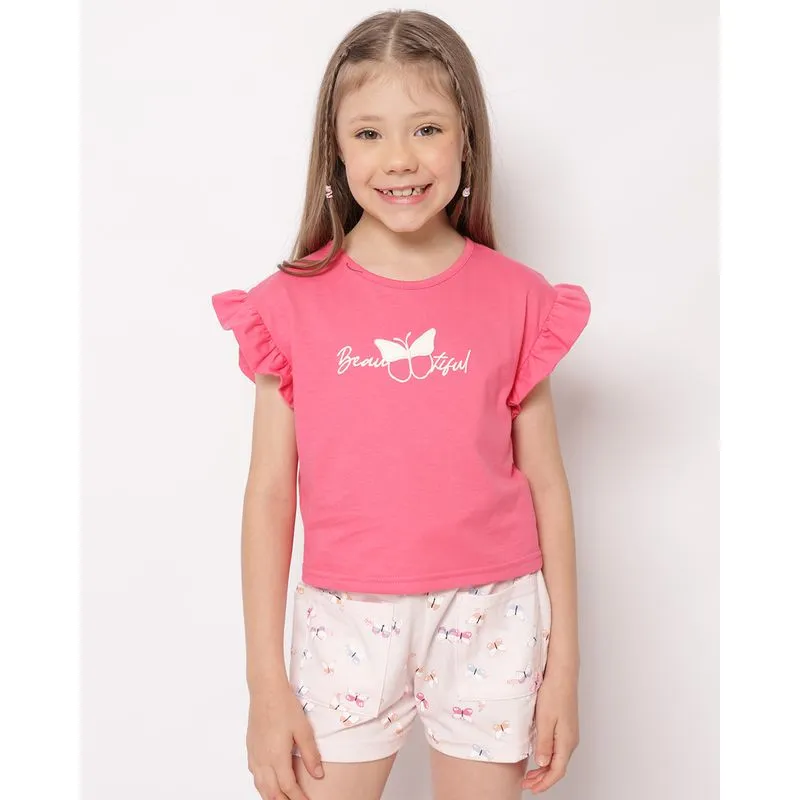 Conjunto Infantil Curto Algodão com Bordado e Babado Rosa 10