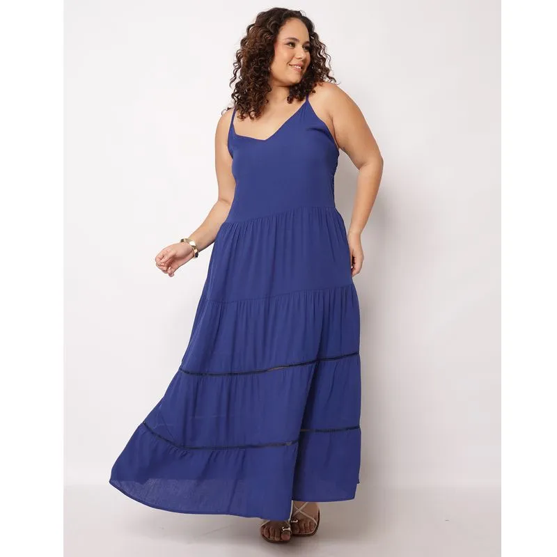 Vestido Plus Size Feminino Berry & Co. Longo Três Marias Viscose Azul G3