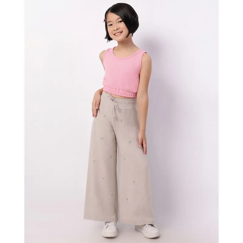 Calça Infantil Wide Leg Algodão com Bordado Flores Bege 8