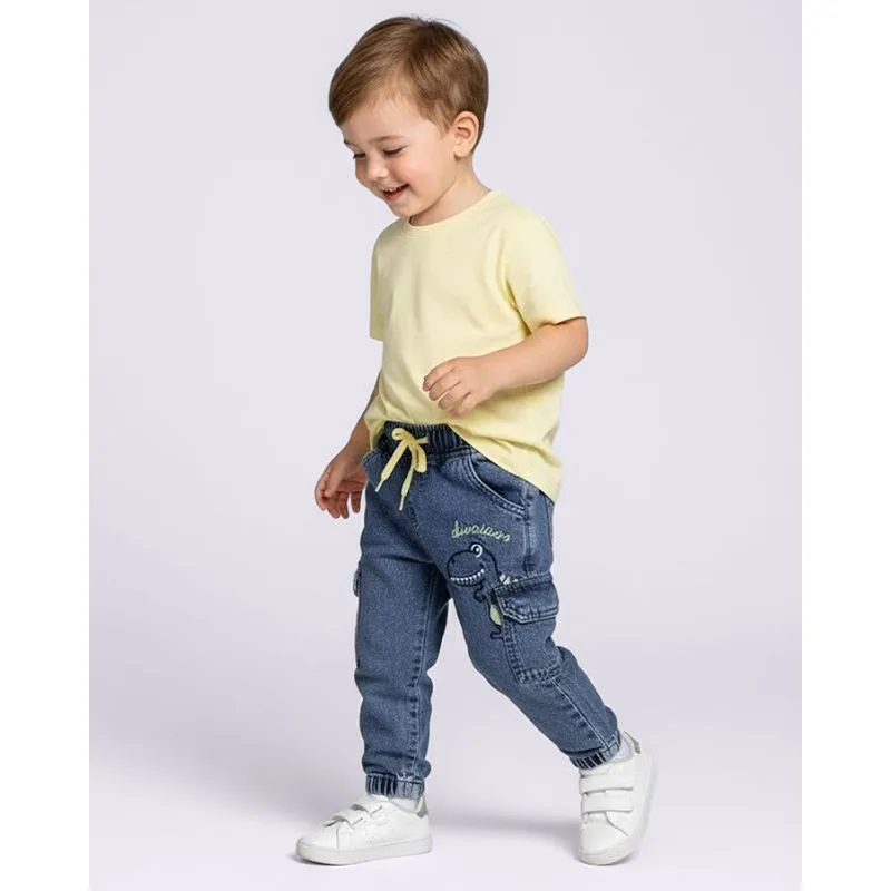 Calça Bebê Jogger Bordado Dinossauro com Bolsos Cargo Azul 2
