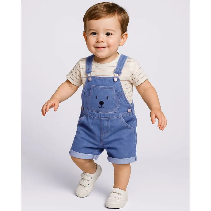 Macaquinho Jeans Bebê Curto Ursinho Azul 2