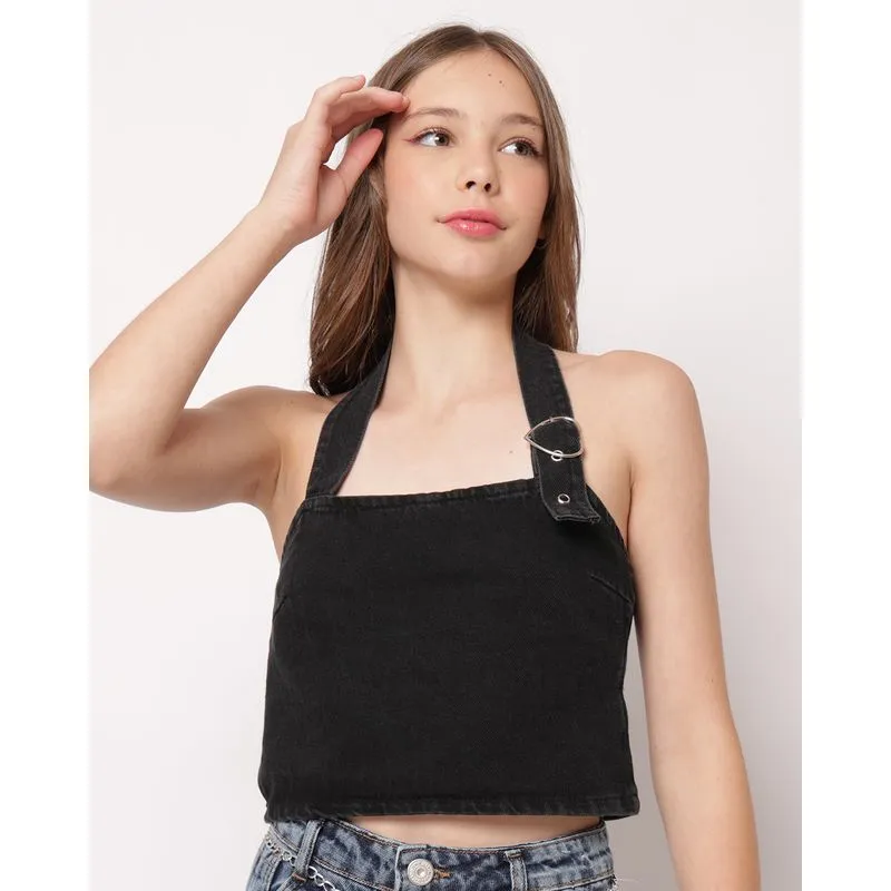 Blusa Jeans Juvenil Frente Única com Aviamento Lastex Preto 10