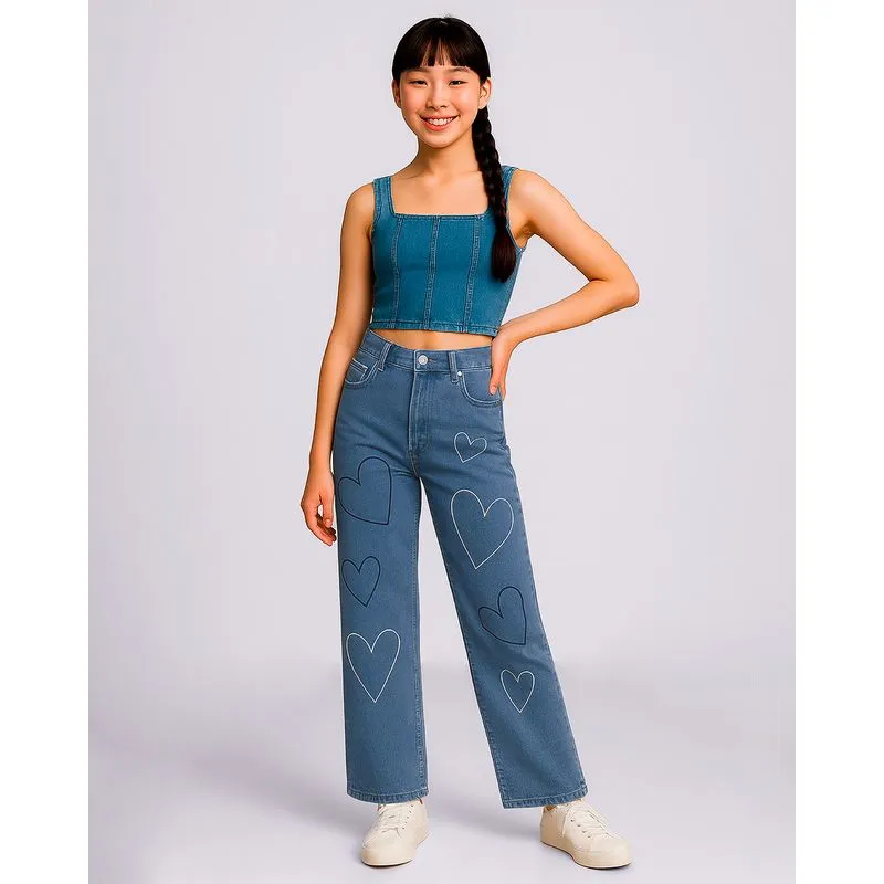 Calça Jeans Juvenil Wide Leg com Bordados Corações Bolsos Azul 16