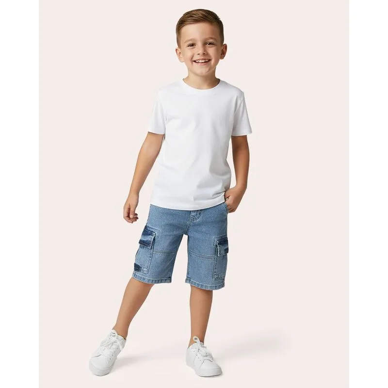 Bermuda Jeans Infantil Cargo com Recortes Azul 8