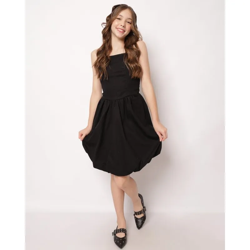 Vestido Sarja Juvenil Curto Balonê Alcinha Ajustável Preto 12