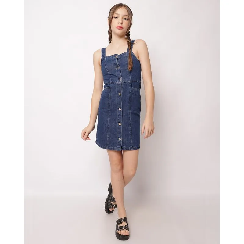 Vestido Jeans Juvenil Curto com Botões Azul 12