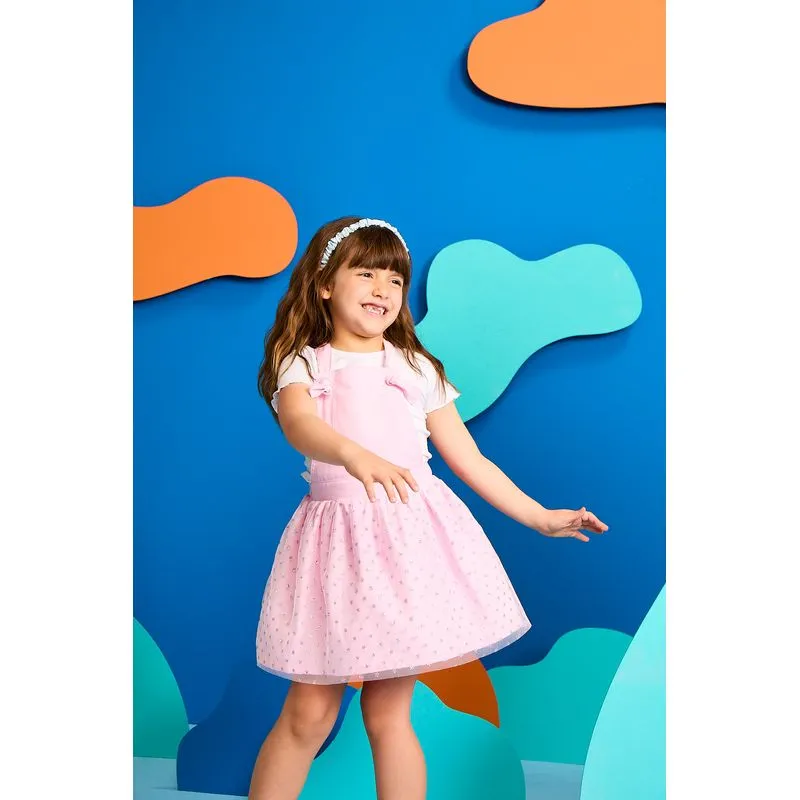 Salopete Sarja Infantil Sobreposição Tule com Glitter Rosa 8