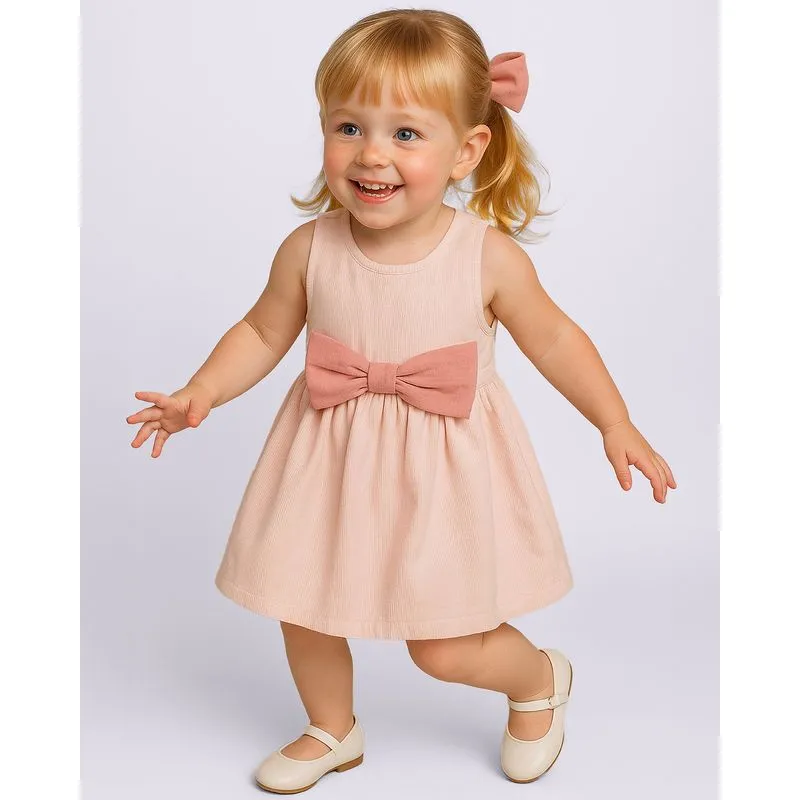 Vestido Sarja Bebê Curto com Aplicação de Laço Listrado Rosa 3