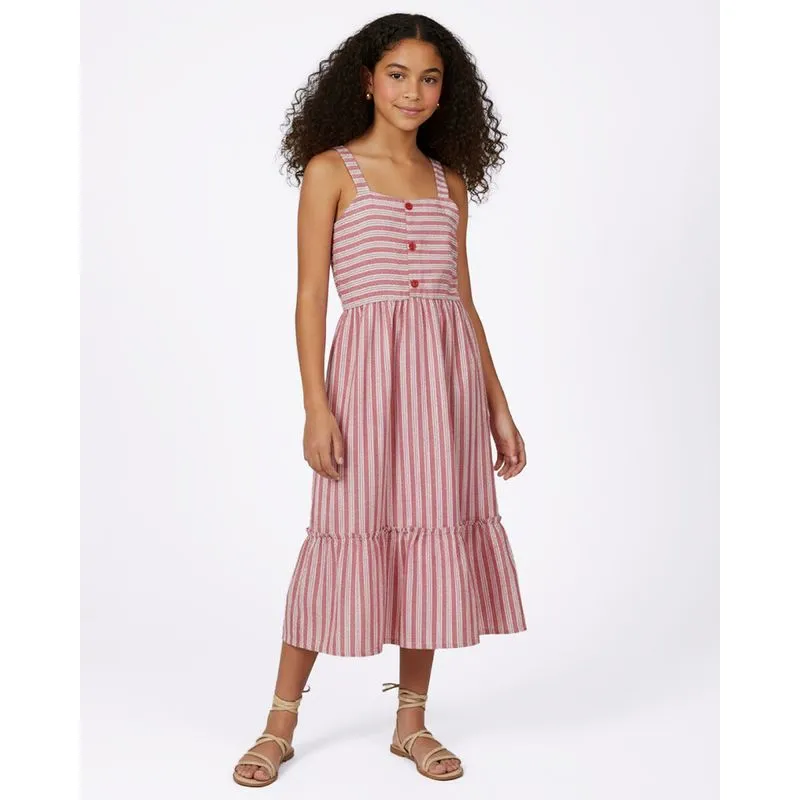 Vestido Juvenil Midi com Babado Listrado Vermelho 16