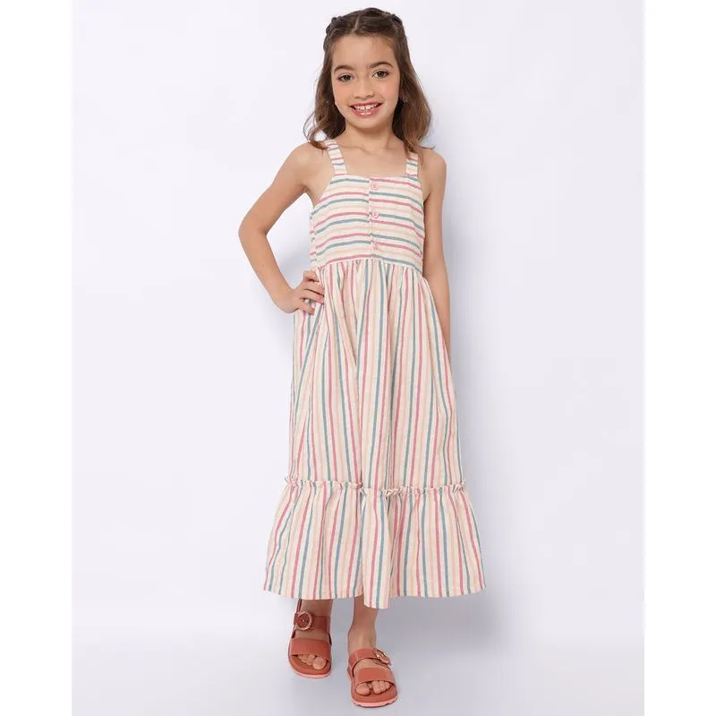 Vestido Infantil Curto Listrado com Babado Botões Bege 4