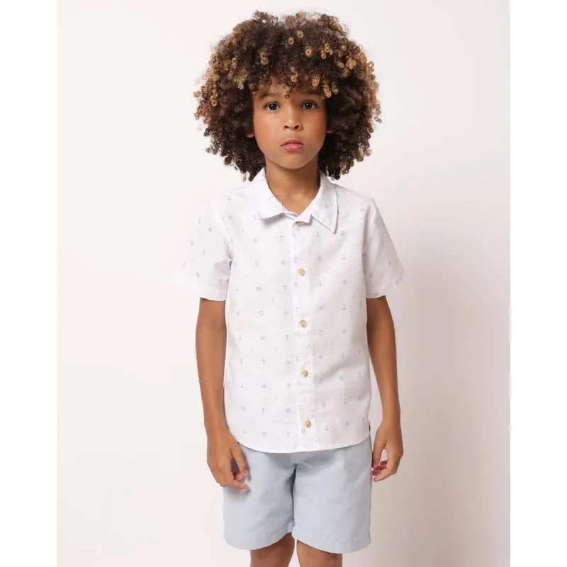 Conjunto Infantil Algodão Camisa e Bermuda Estampa Ancora Branco 4