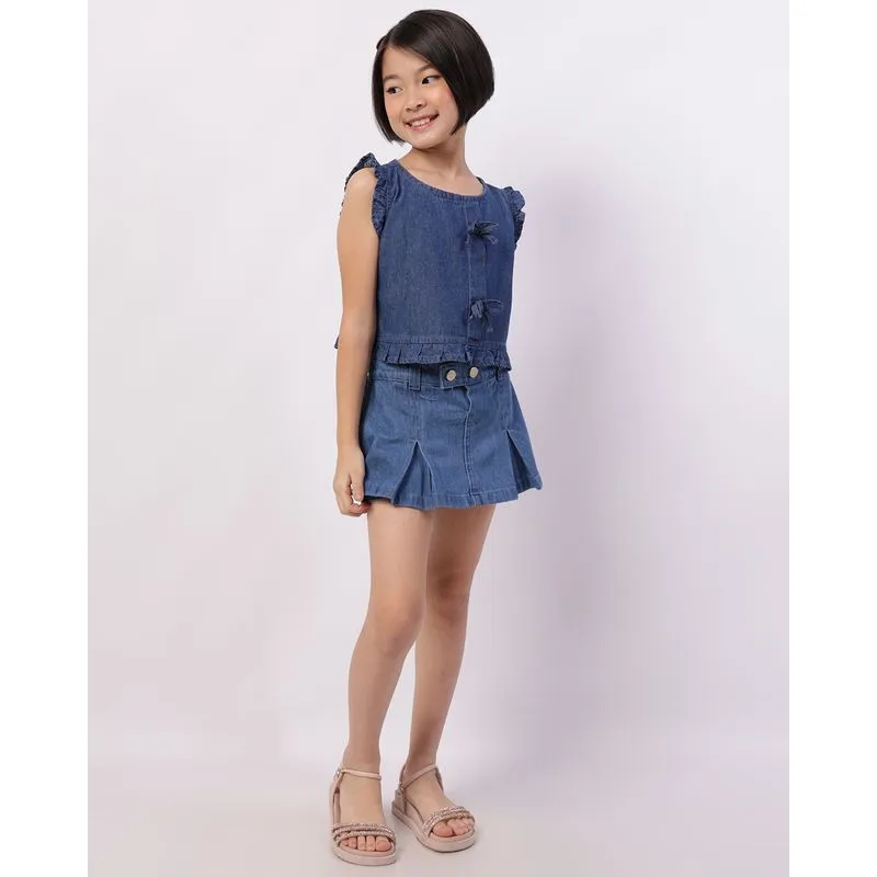 Short Saia Jeans Infantil Curto com Pregas Azul 4