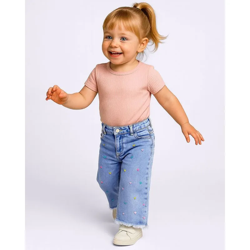 Calça Jeans Bebê Wide Leg com Bordado Coração Azul 2