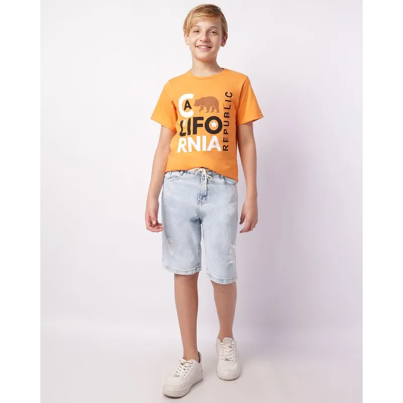 Bermuda Jeans Juvenil Reta Destroyed com Cordão Azul 12