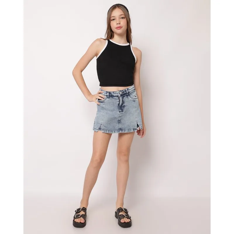 Short Saia Jeans Juvenil Curto com Fendas Bolsos Azul 14