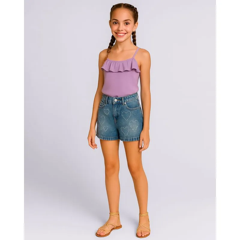 Short Jeans Juvenil Curto Aplique Strass Coração Azul 12