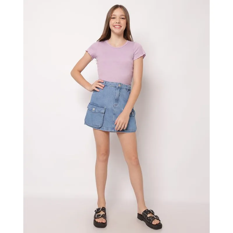 Saia Jeans Juvenil com Bolsos Cargo Ajustador Azul 14