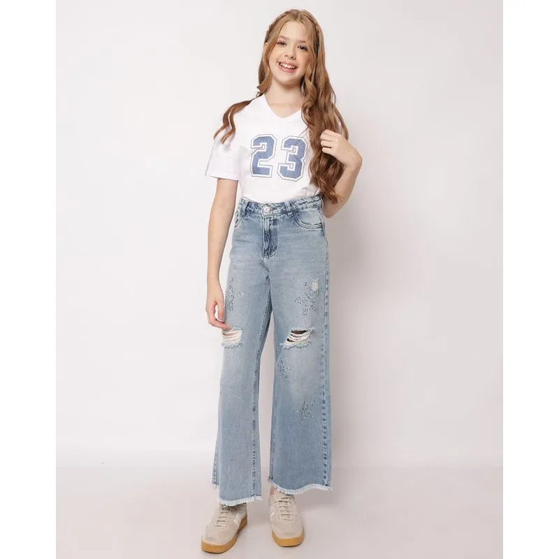 Calça Jeans Juvenil Wide Leg com Aplicação de Estrela Azul 12