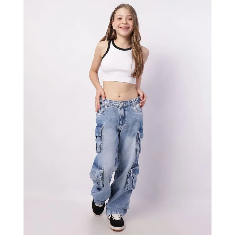 Calça Jeans Juvenil Cargo Estonado com Fivela Azul 10