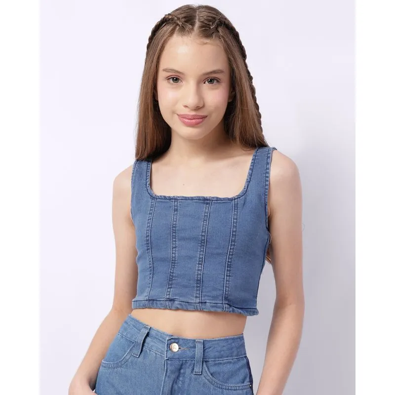 Top Jeans Juvenil com Recortes Lastex Azul 12