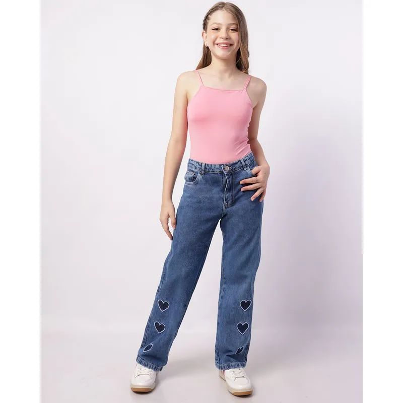 Calça Jeans Juvenil Wide Leg Bordado Coração Azul 12