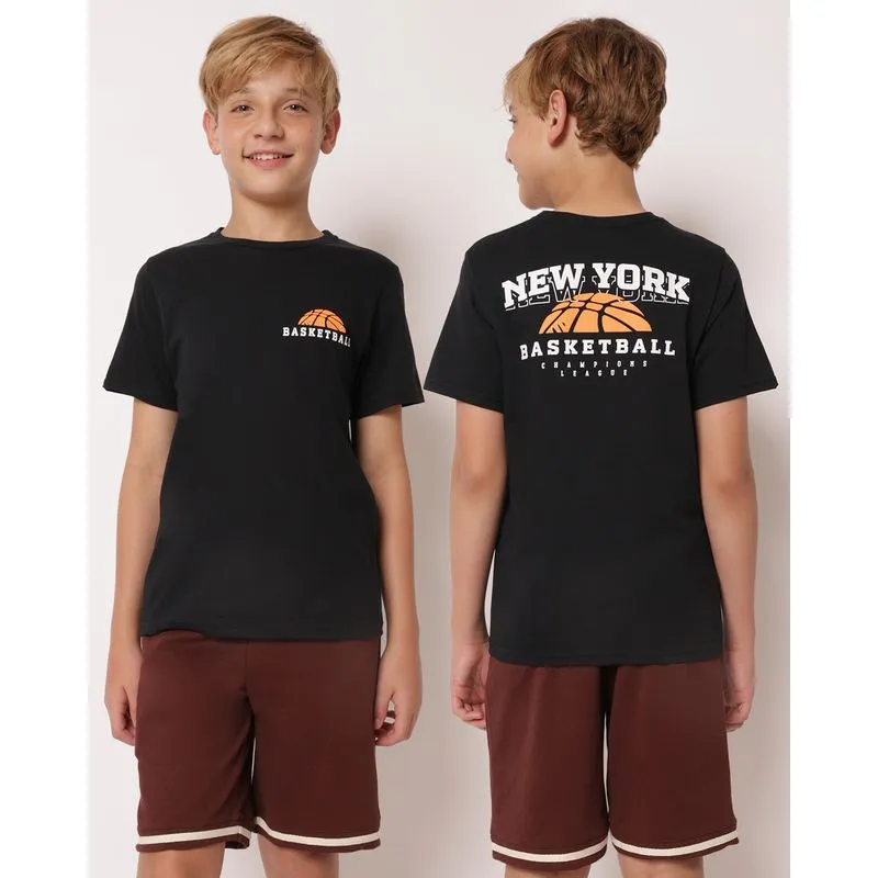 Camiseta Juvenil Algodão Estampa Basquete Preta 12