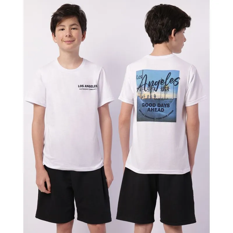 Camiseta Juvenil Algodão Estampa Frente e Costa Tropical Branca 12