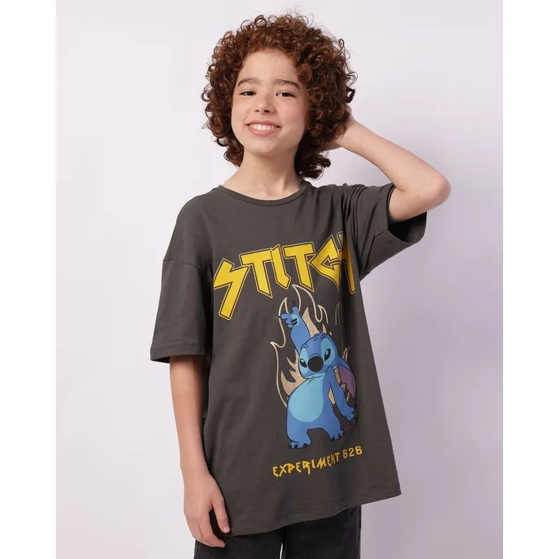 Camiseta Juvenil Oversized Disney Stitch Algodão Manga Curta Cinza 10